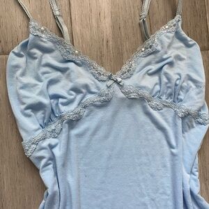 steve Light Blue Lace Trim Cami Tank Top Pearls Bow